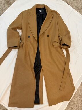 Zara Camel Double-Breasted Belted Trench Coat